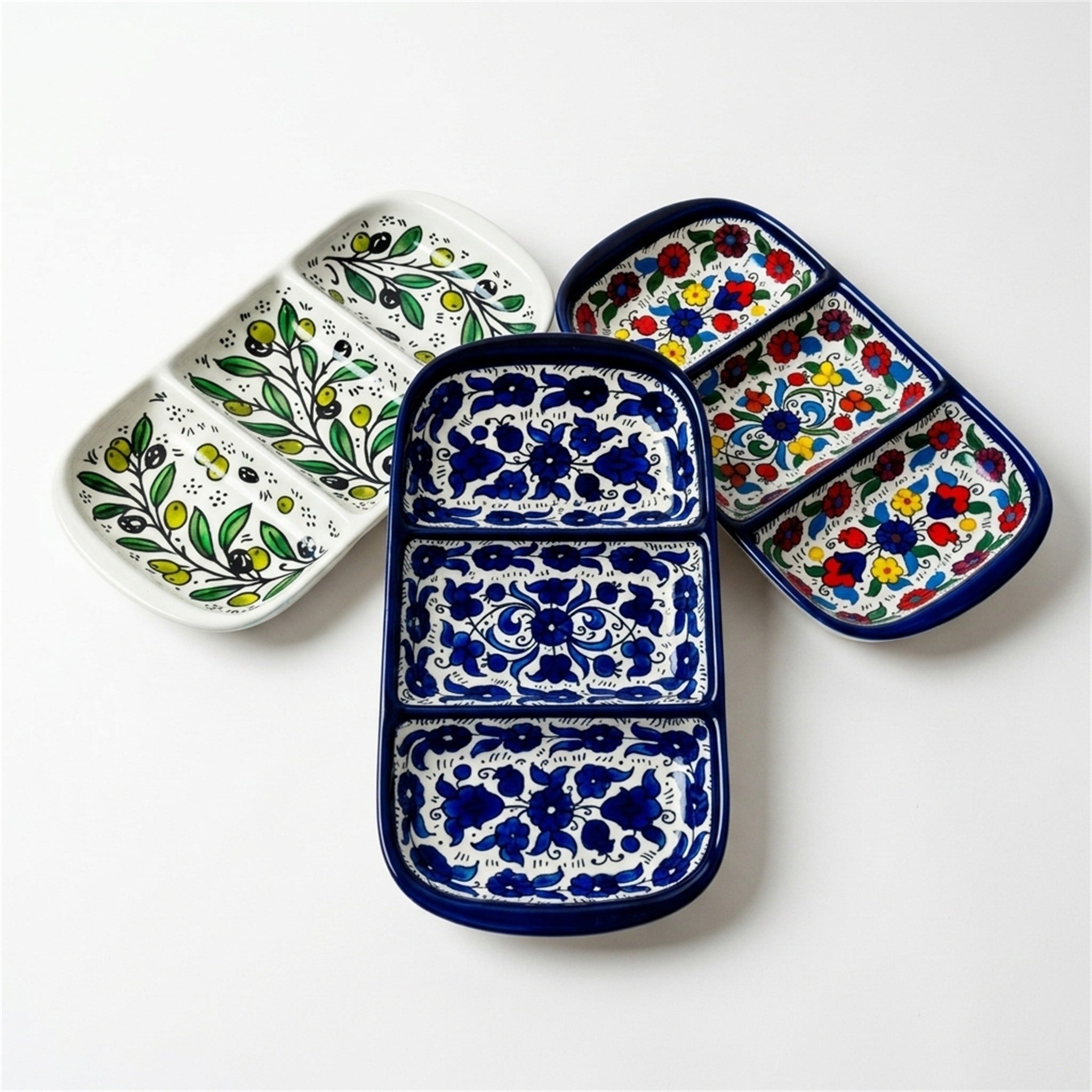 3-Section Rectangular Serving Tray 9.84 Inch shown in all three hand-painted patterns