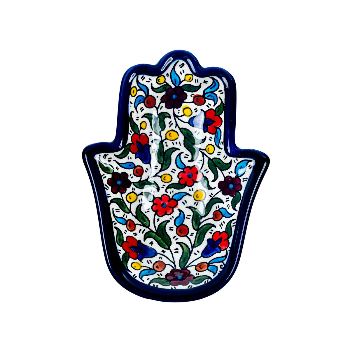 Ceramic Hamsa Dish 7.09 Inch in Floral, seen from above