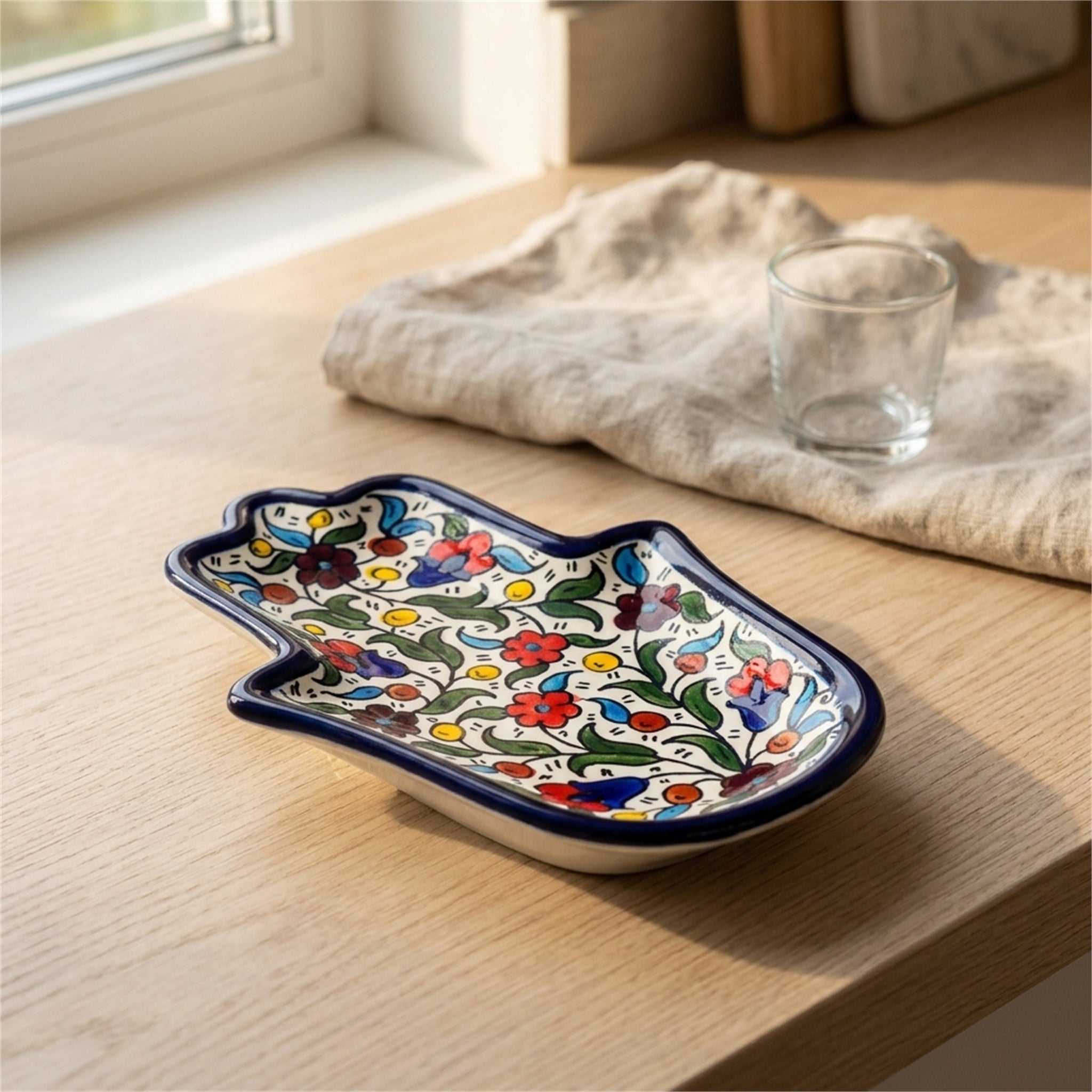 Ceramic Hamsa Dish 7.09 Inch in Floral, styled on a set table