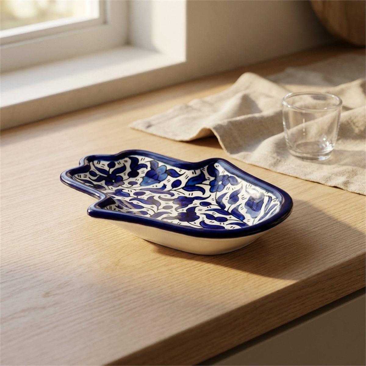 Ceramic Hamsa Dish 7.09 Inch in Indigo, styled on a set table