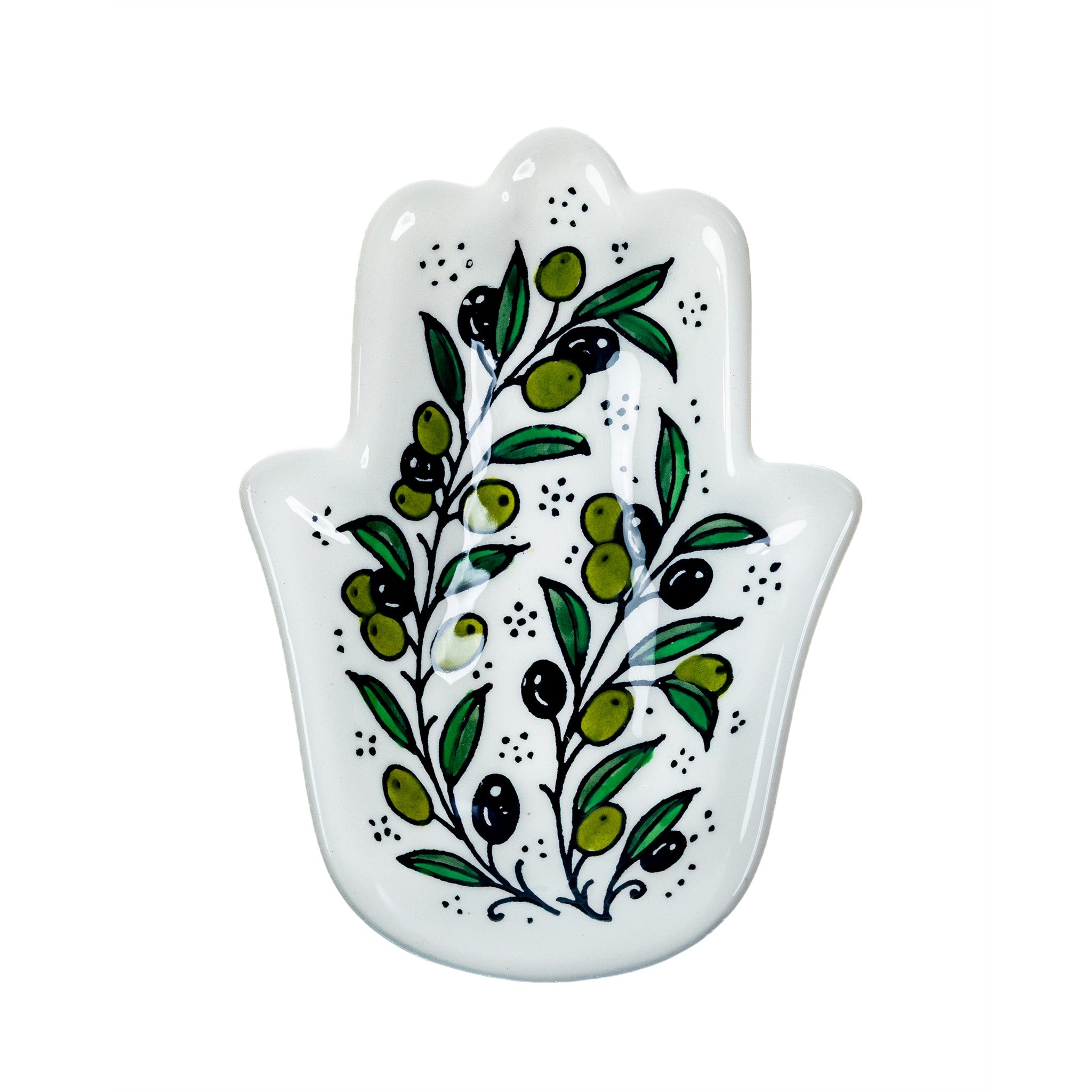 Ceramic Hamsa Dish 7.09 Inch in Olive Green, seen from above