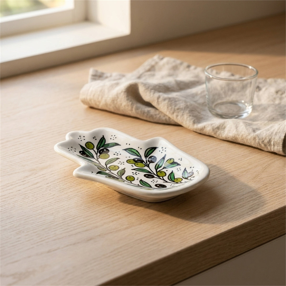 Ceramic Hamsa Dish 7.09 Inch in Olive Green, styled on a set table