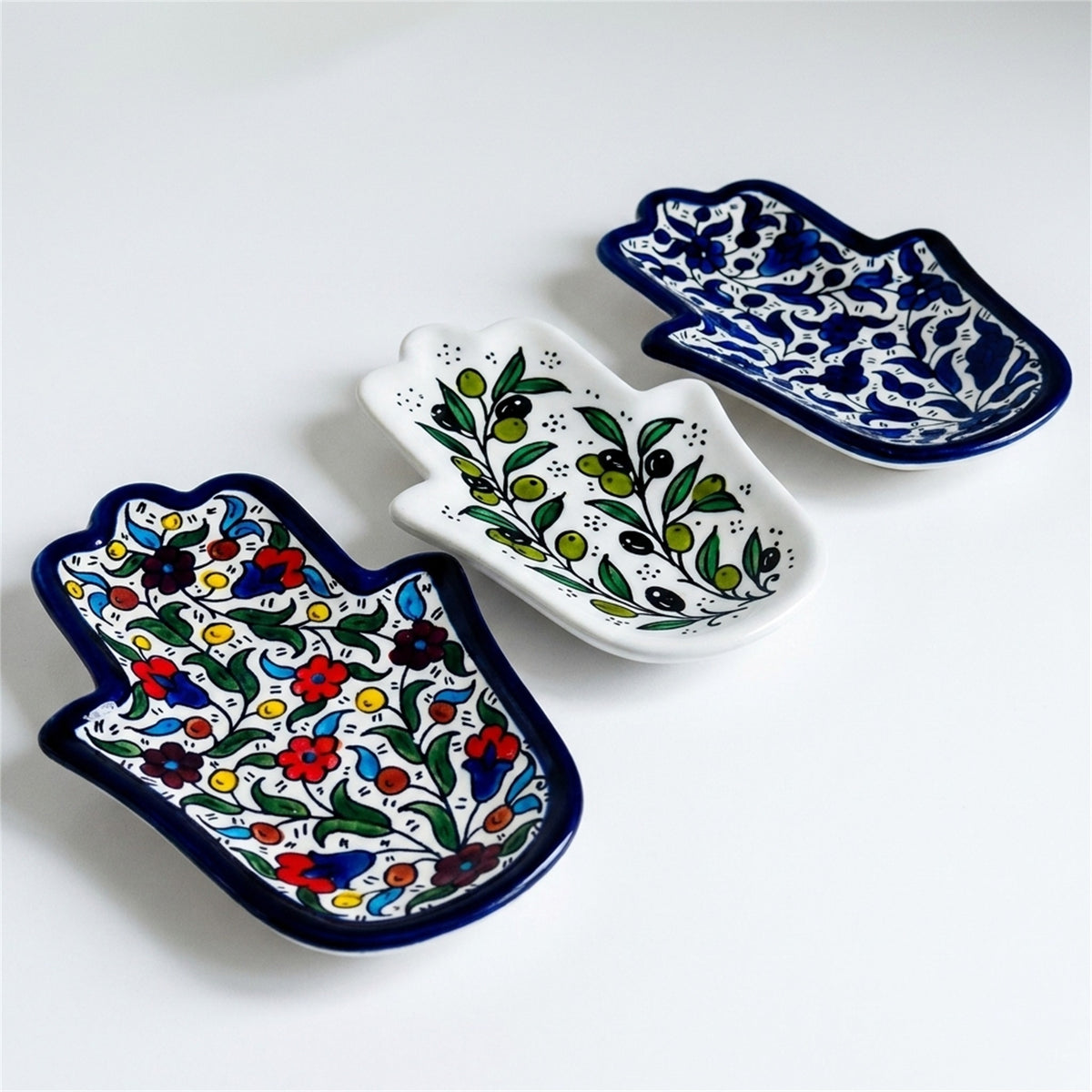 Ceramic Hamsa Dish 7.09 Inch shown in all three hand-painted patterns