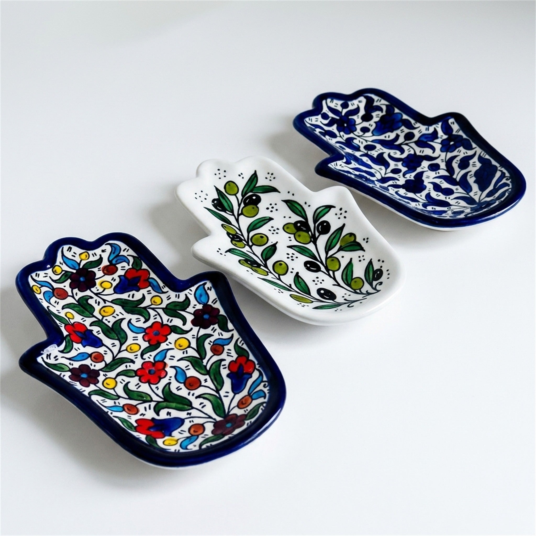 Ceramic Hamsa Dish 7.09 Inch shown in all three hand-painted patterns