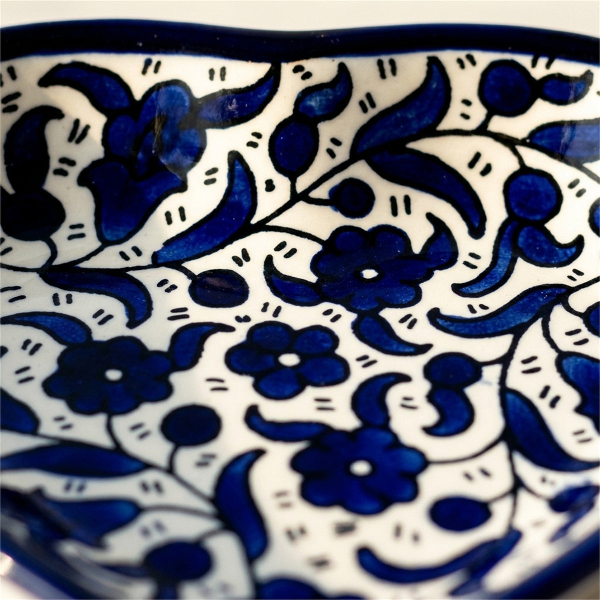 Ceramic Heart Dish 5.51 Inch in Indigo, close-up of the hand-painted detail