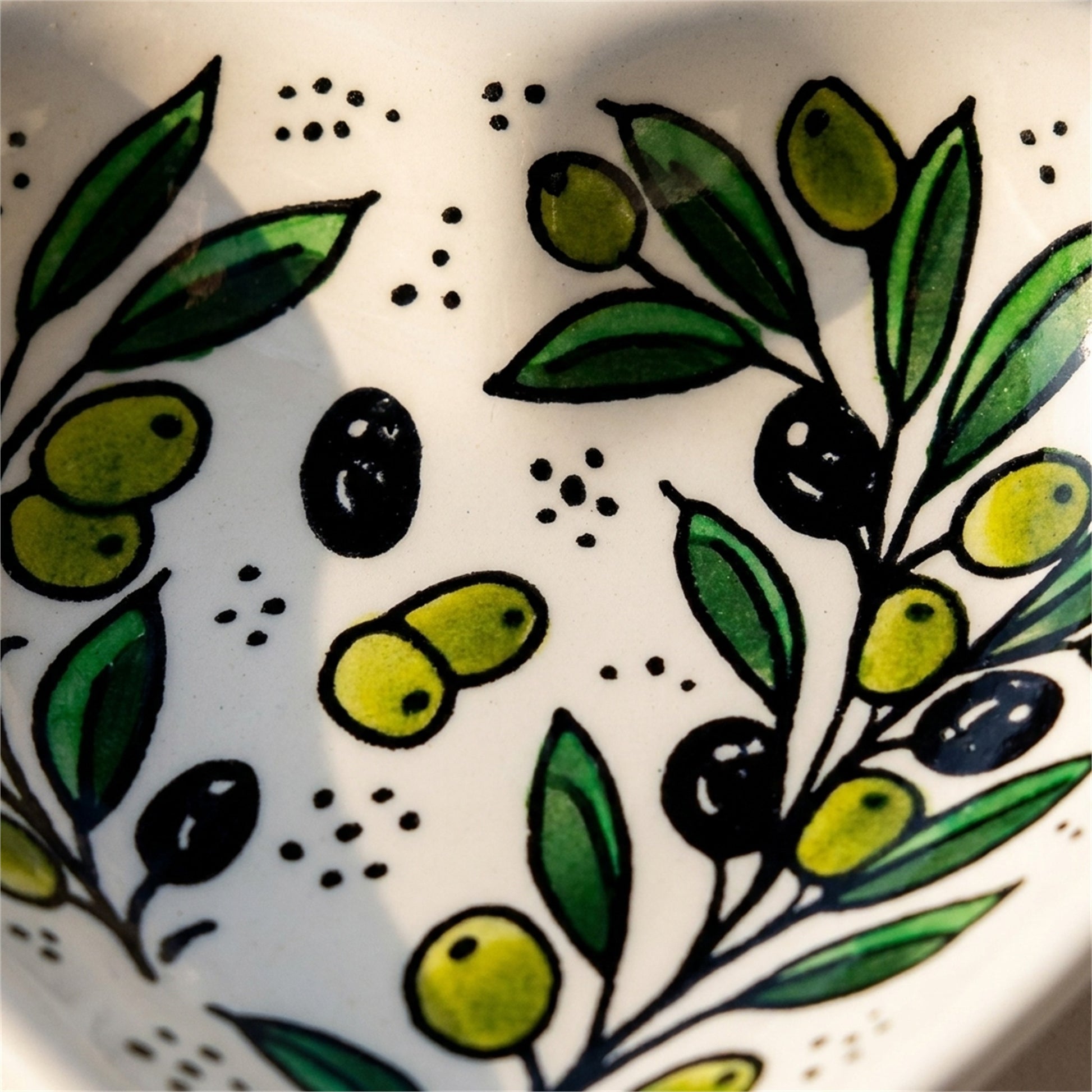 Ceramic Heart Dish 5.51 Inch in Olive Green, close-up of the hand-painted detail