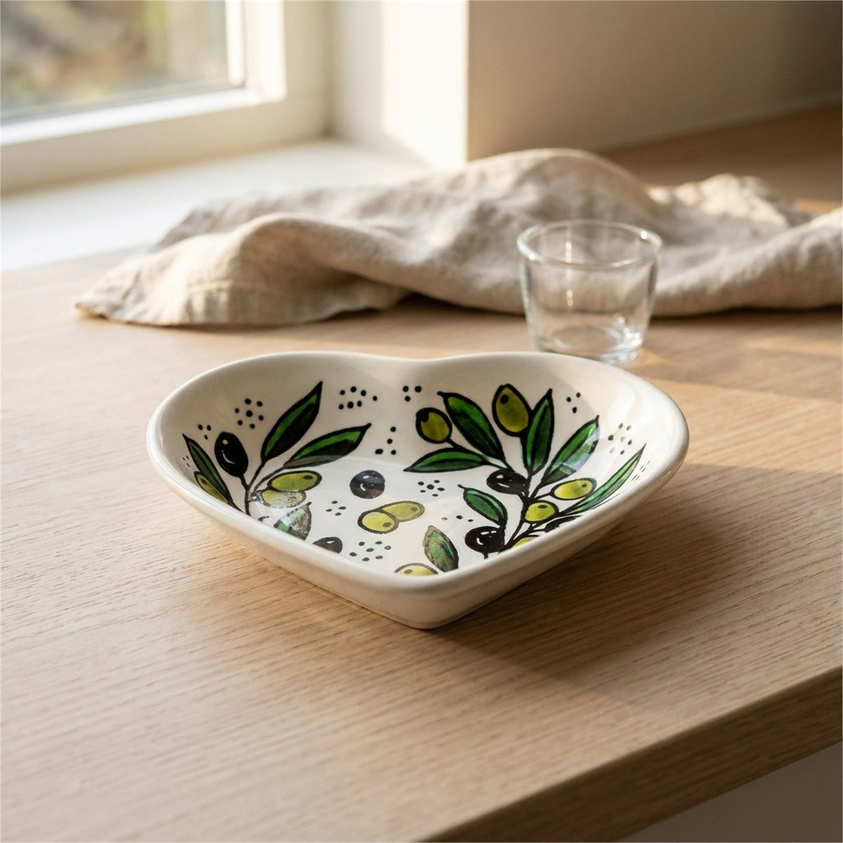 Ceramic Heart Dish 5.51 Inch in Olive Green, styled on a set table