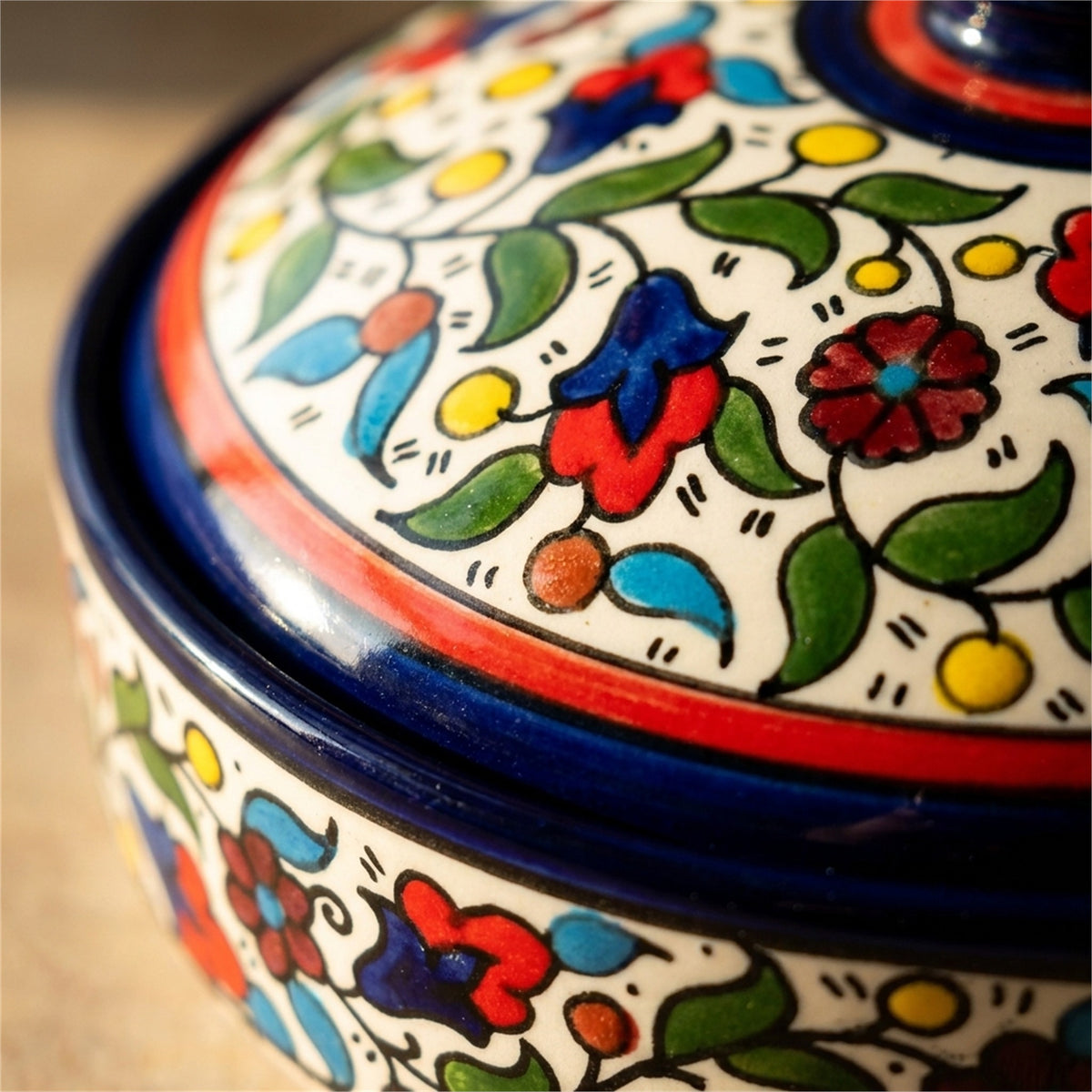 Ceramic Lidded Serving Pot 7.48 Inch in Floral, close-up of the hand-painted detail