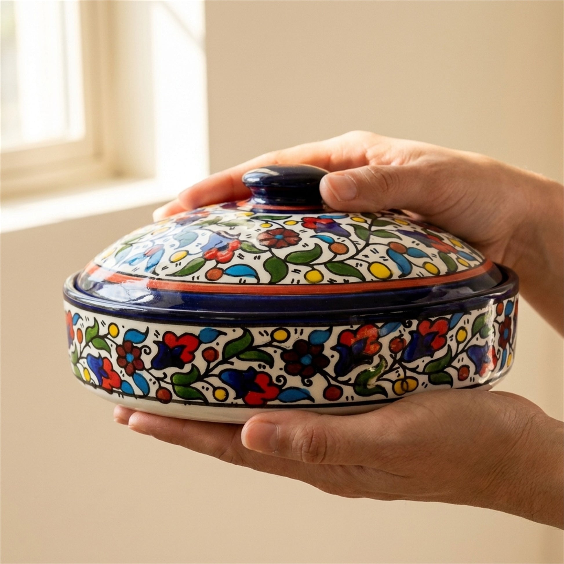 Ceramic Lidded Serving Pot 7.48 Inch in Floral, held in hands to show scale