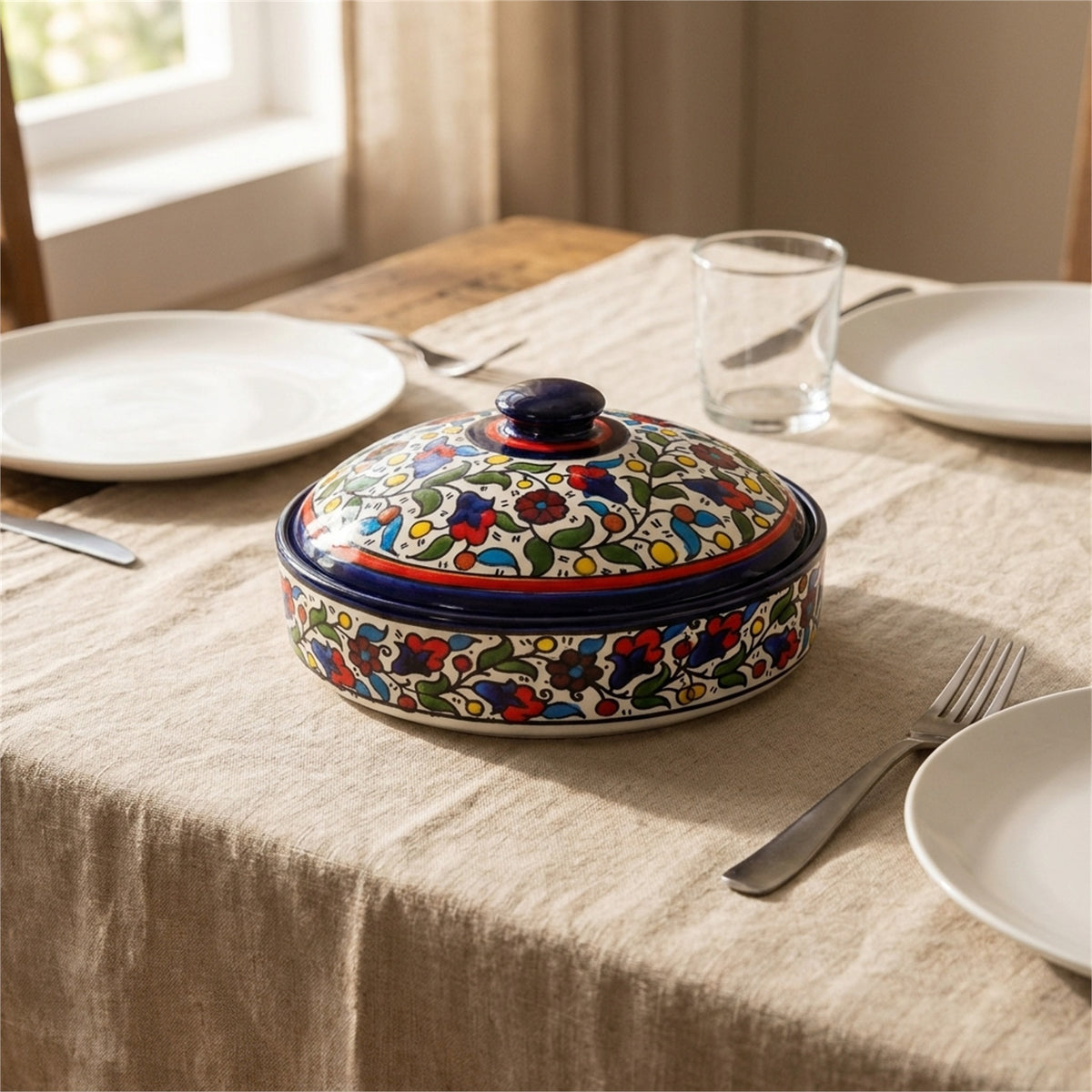 Ceramic Lidded Serving Pot 7.48 Inch in Floral, styled on a set table