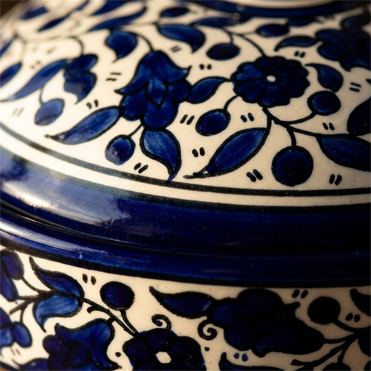 Ceramic Lidded Serving Pot 7.48 Inch in Indigo, close-up of the hand-painted detail