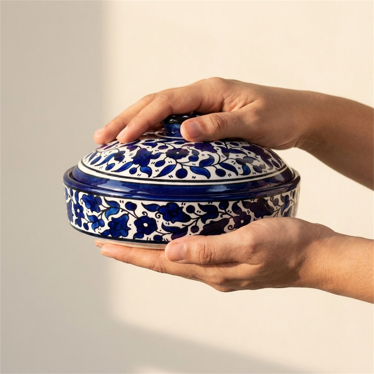 Ceramic Lidded Serving Pot 7.48 Inch in Indigo, held in hands to show scale