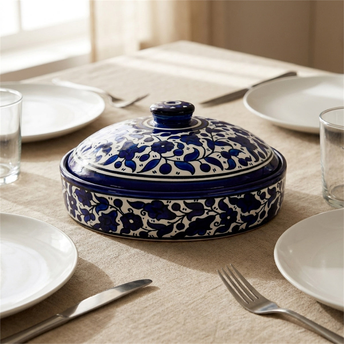 Ceramic Lidded Serving Pot 7.48 Inch in Indigo, styled on a set table