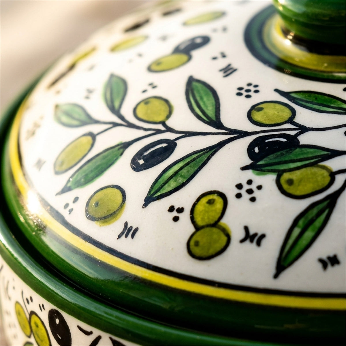 Ceramic Lidded Serving Pot 7.48 Inch in Olive Green, close-up of the hand-painted detail