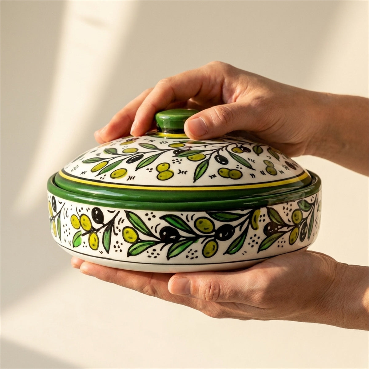 Ceramic Lidded Serving Pot 7.48 Inch in Olive Green, held in hands to show scale
