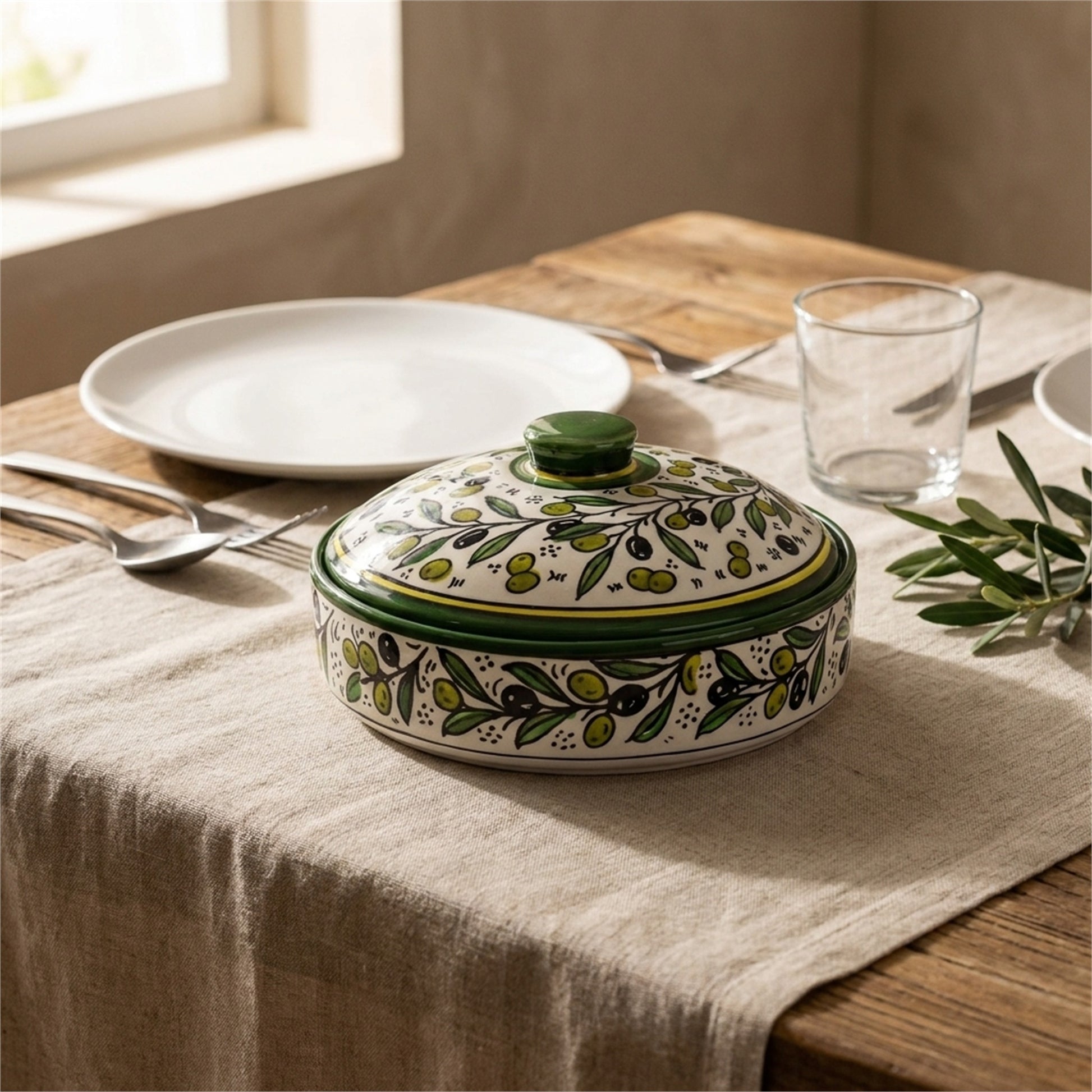 Ceramic Lidded Serving Pot 7.48 Inch in Olive Green, styled on a set table