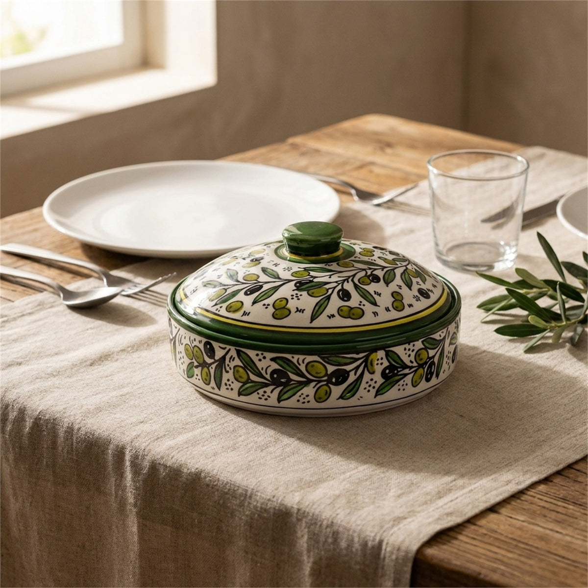 Ceramic Lidded Serving Pot 7.48 Inch in Olive Green, styled on a set table