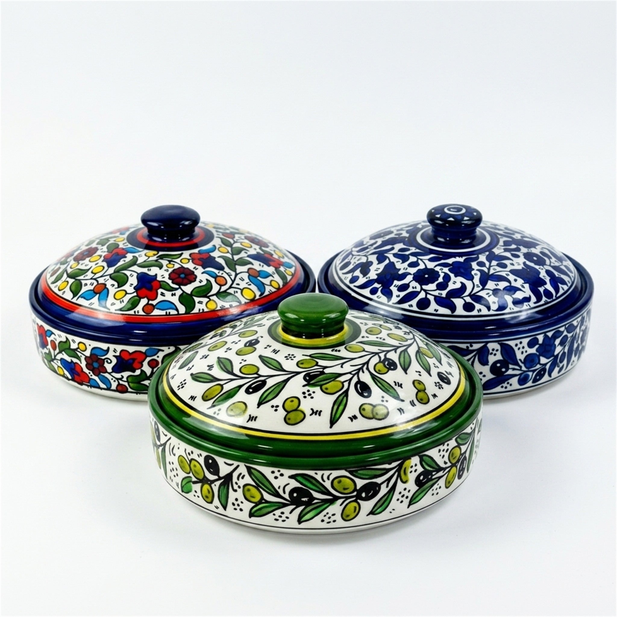 Ceramic Lidded Serving Pot 7.48 Inch shown in all three hand-painted patterns
