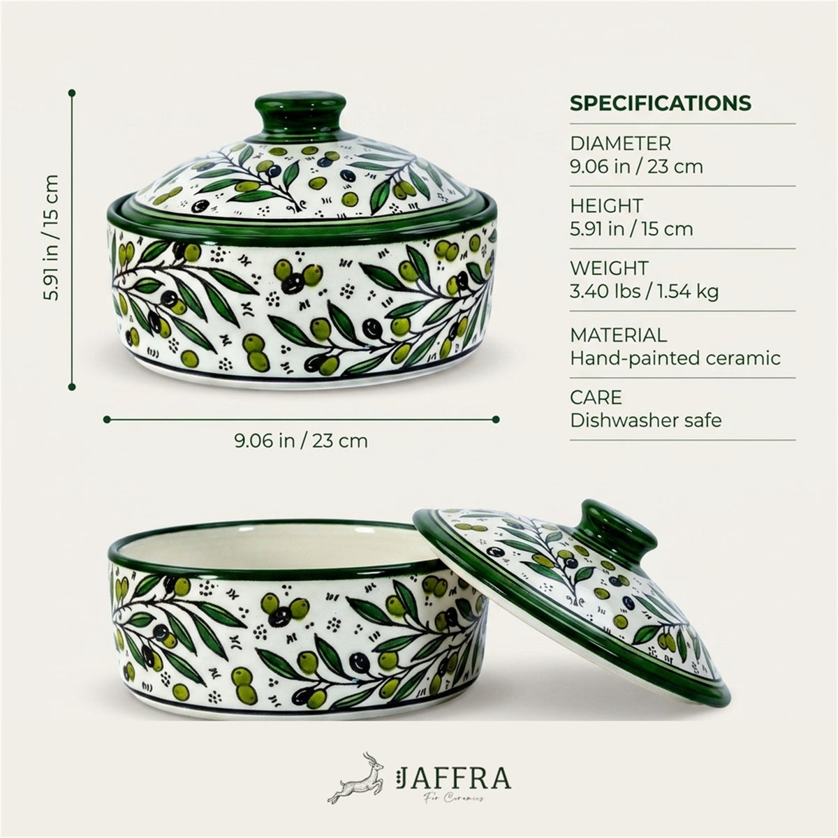 Ceramic Lidded Serving Pot 9.06 Inch dimensions and specifications