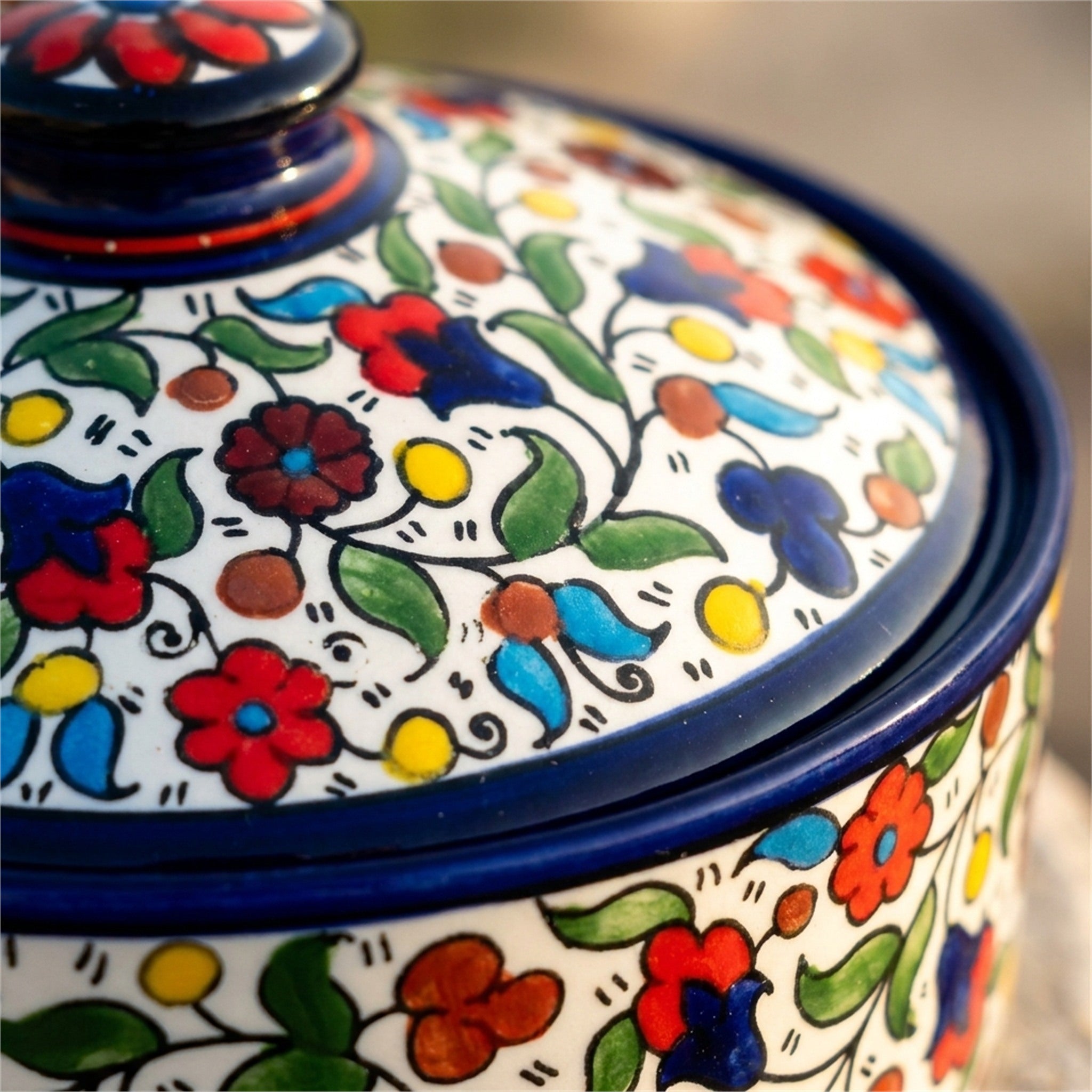 Ceramic Lidded Serving Pot 9.06 Inch in Floral, close-up of the hand-painted detail