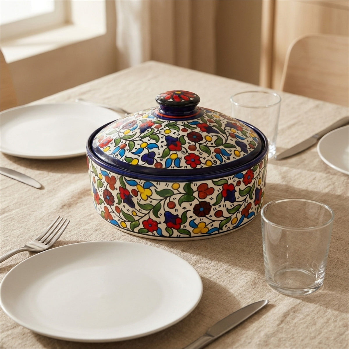 Ceramic Lidded Serving Pot 9.06 Inch in Floral, styled on a set table