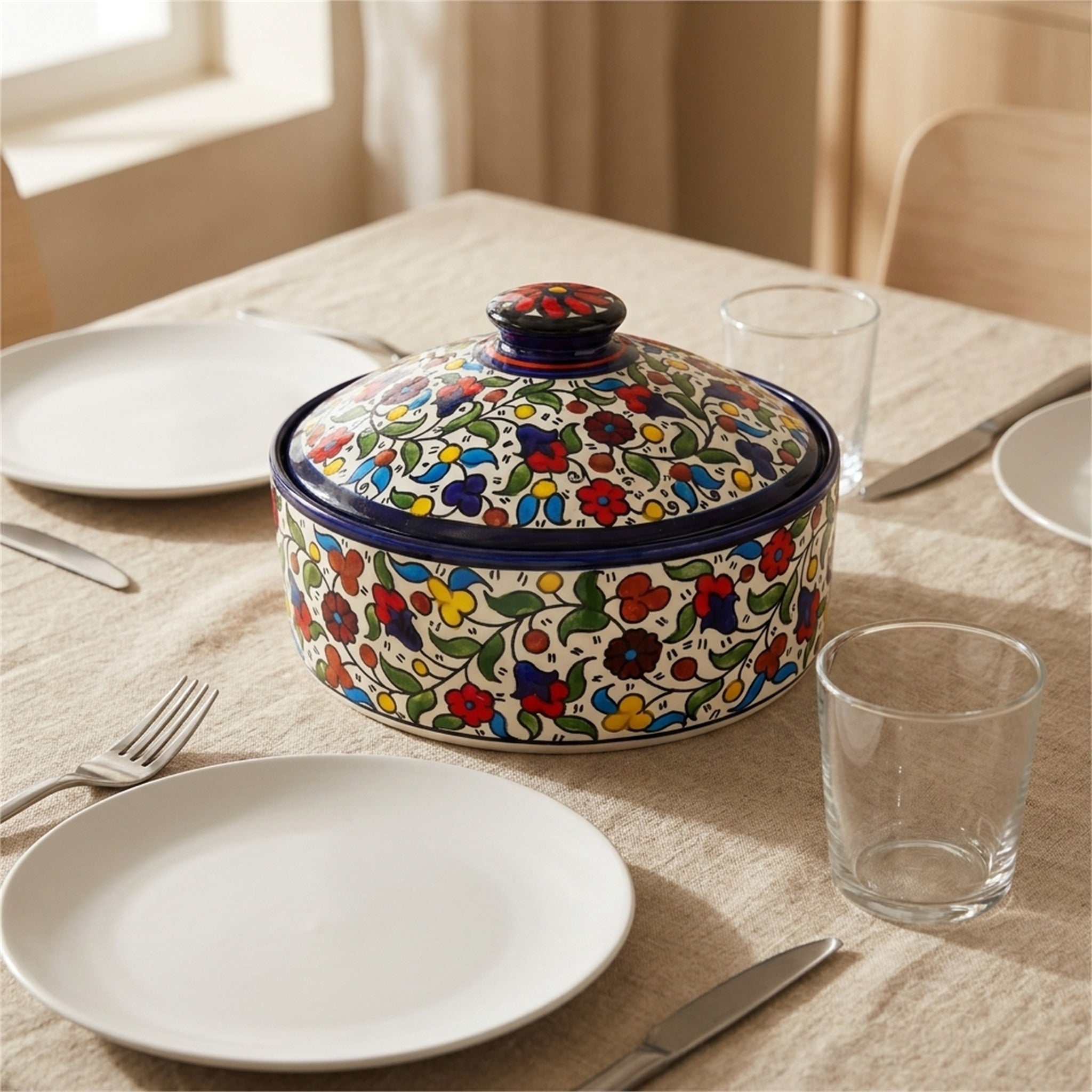 Ceramic Lidded Serving Pot 9.06 Inch in Floral, styled on a set table