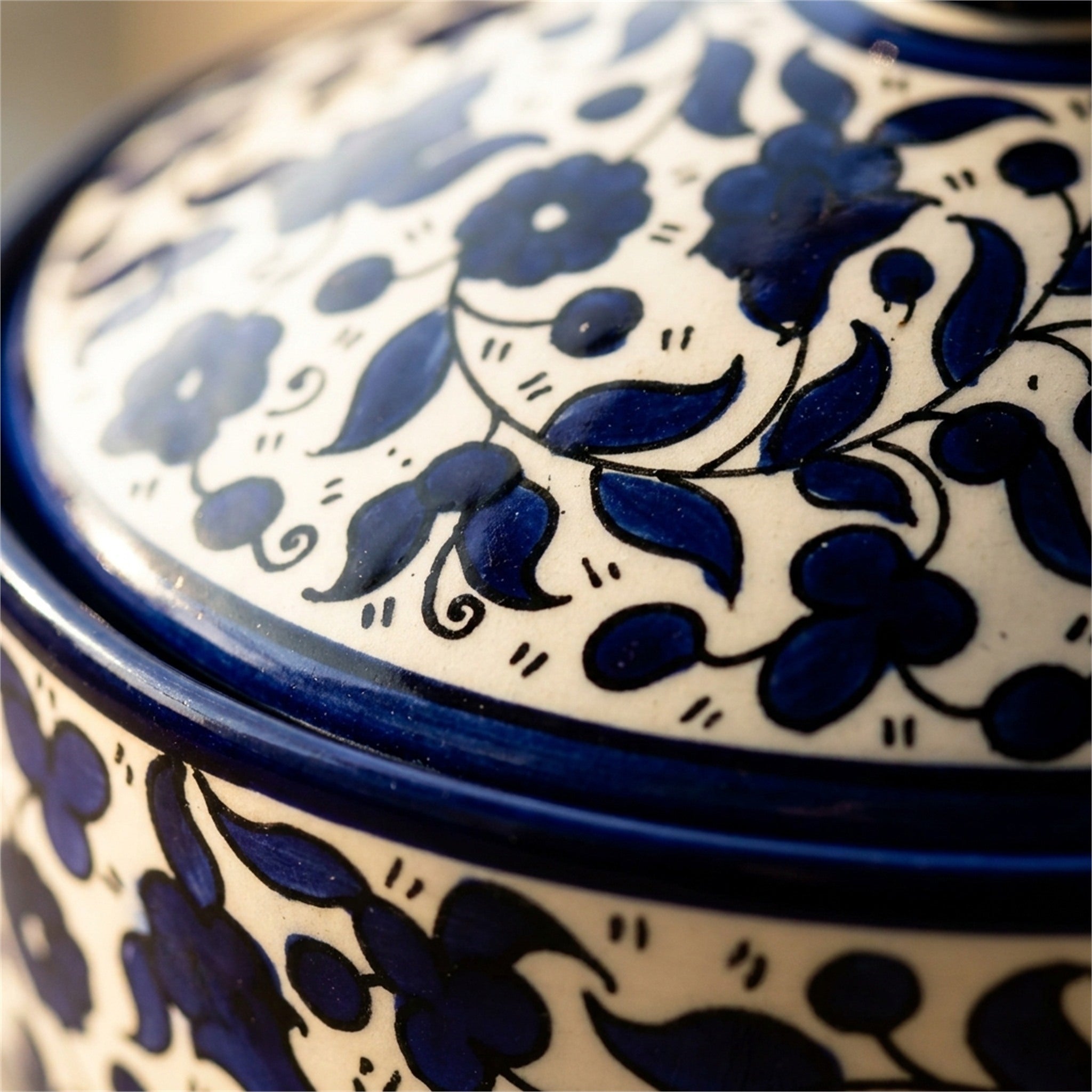 Ceramic Lidded Serving Pot 9.06 Inch in Indigo, close-up of the hand-painted detail
