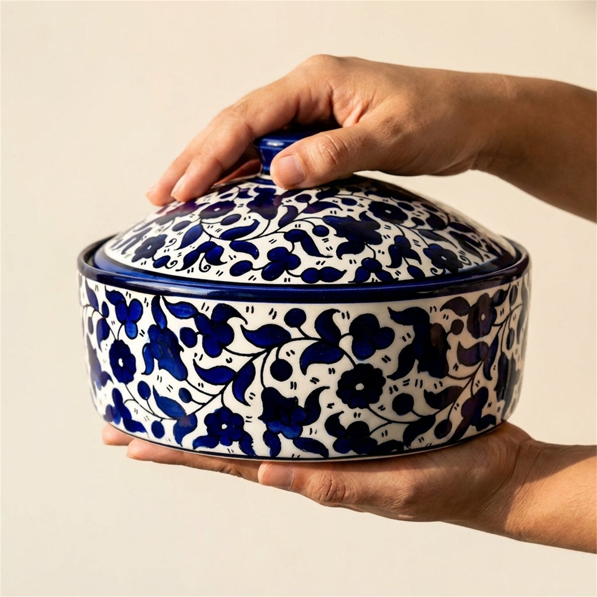 Ceramic Lidded Serving Pot 9.06 Inch in Indigo, held in hands to show scale