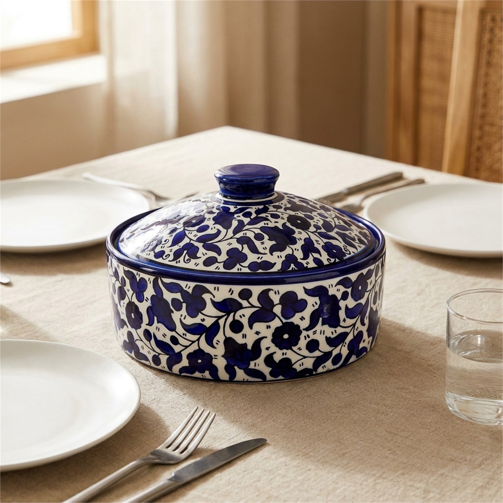 Ceramic Lidded Serving Pot 9.06 Inch in Indigo, styled on a set table