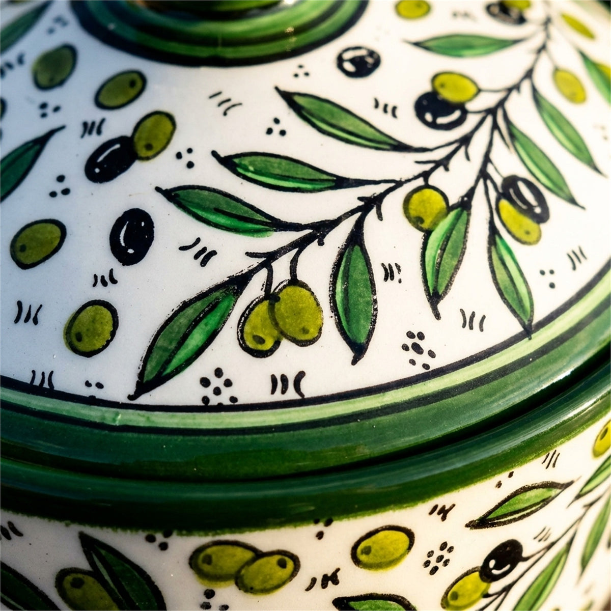 Ceramic Lidded Serving Pot 9.06 Inch in Olive Green, close-up of the hand-painted detail