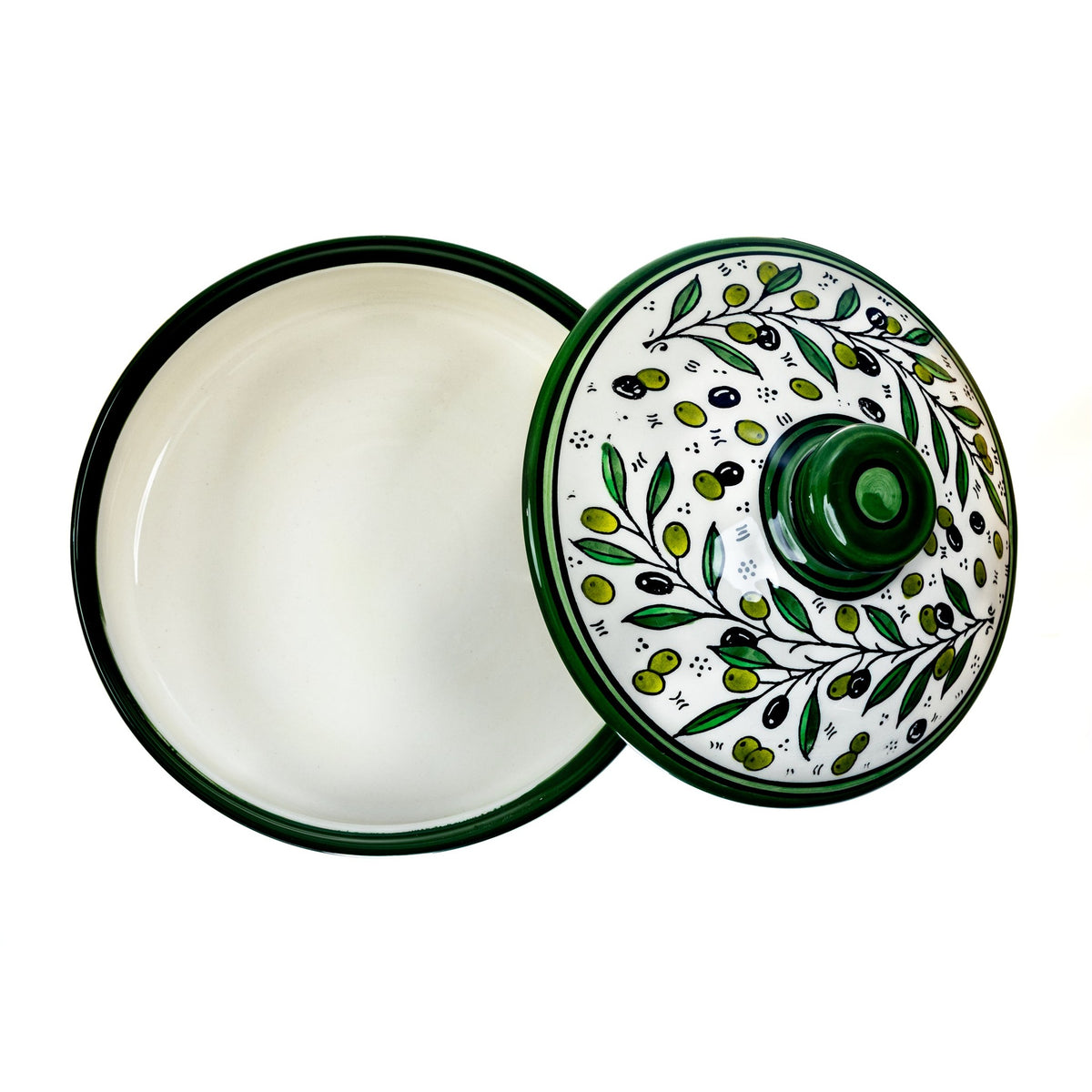 Ceramic Lidded Serving Pot 9.06 Inch in Olive Green, lid and base shown together