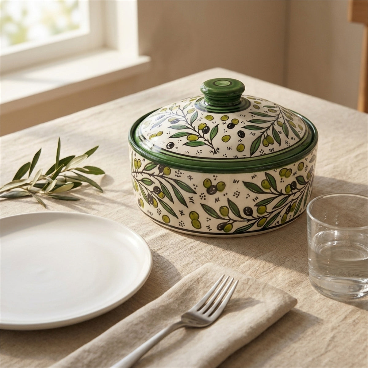Ceramic Lidded Serving Pot 9.06 Inch in Olive Green, styled on a set table