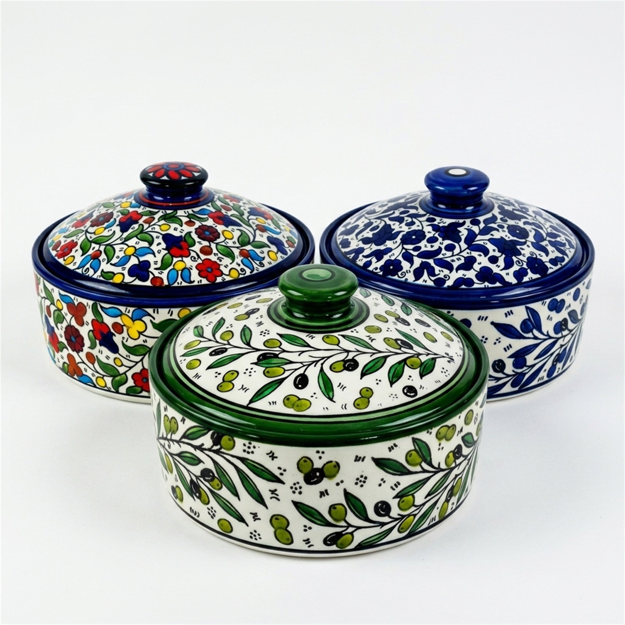 Ceramic Lidded Serving Pot 9.06 Inch shown in all three hand-painted patterns