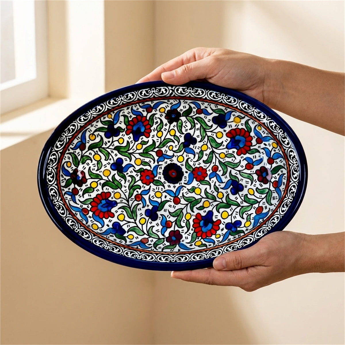 Ceramic Oval Serving Dish 11.81 Inch in Floral, held in hands to show scale