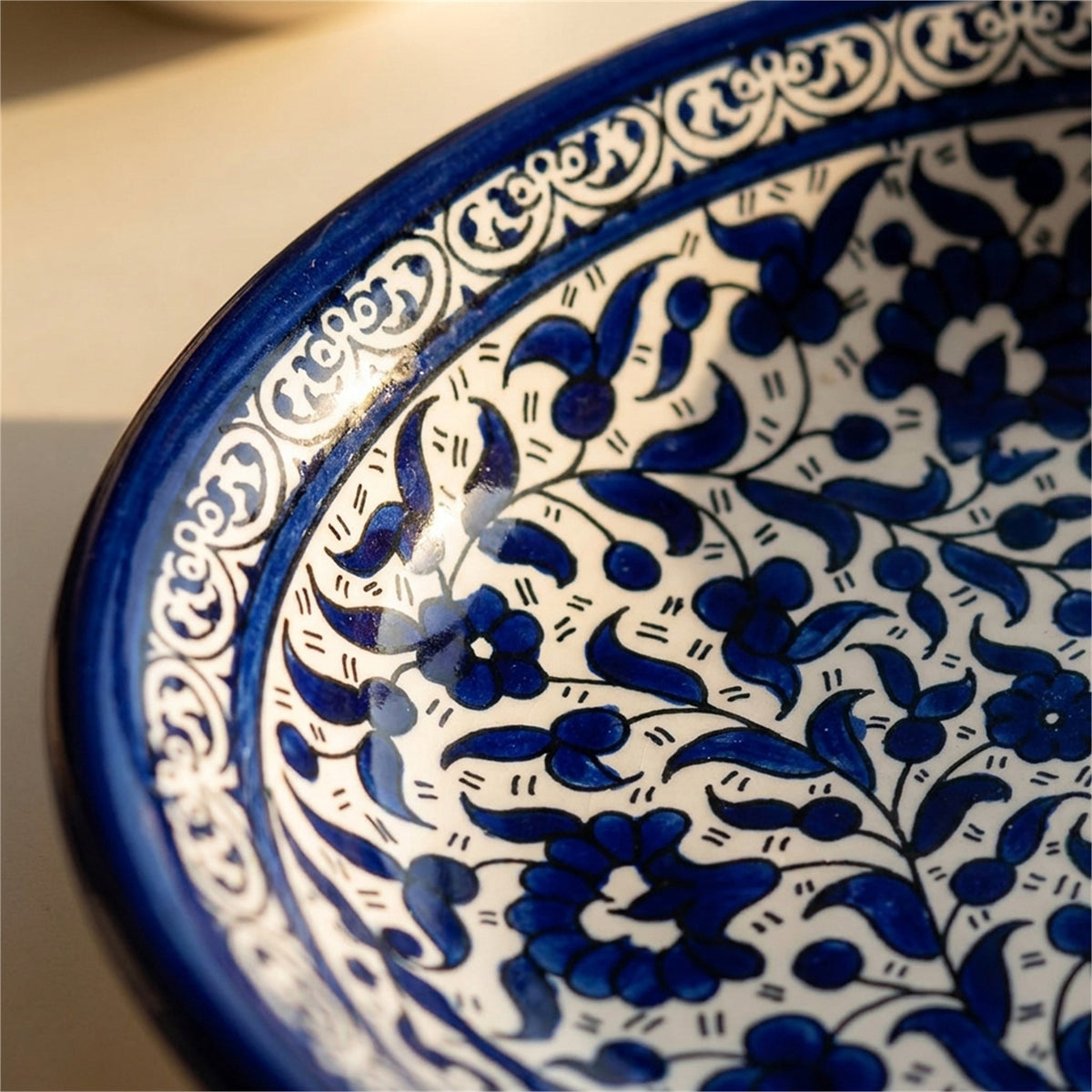 Ceramic Oval Serving Dish 11.81 Inch in Indigo, close-up of the hand-painted detail