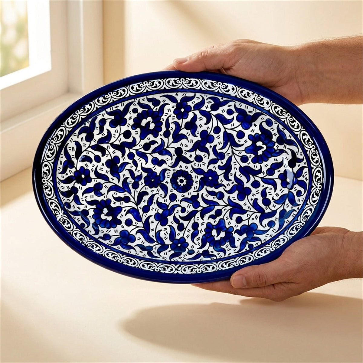 Ceramic Oval Serving Dish 11.81 Inch in Indigo, held in hands to show scale