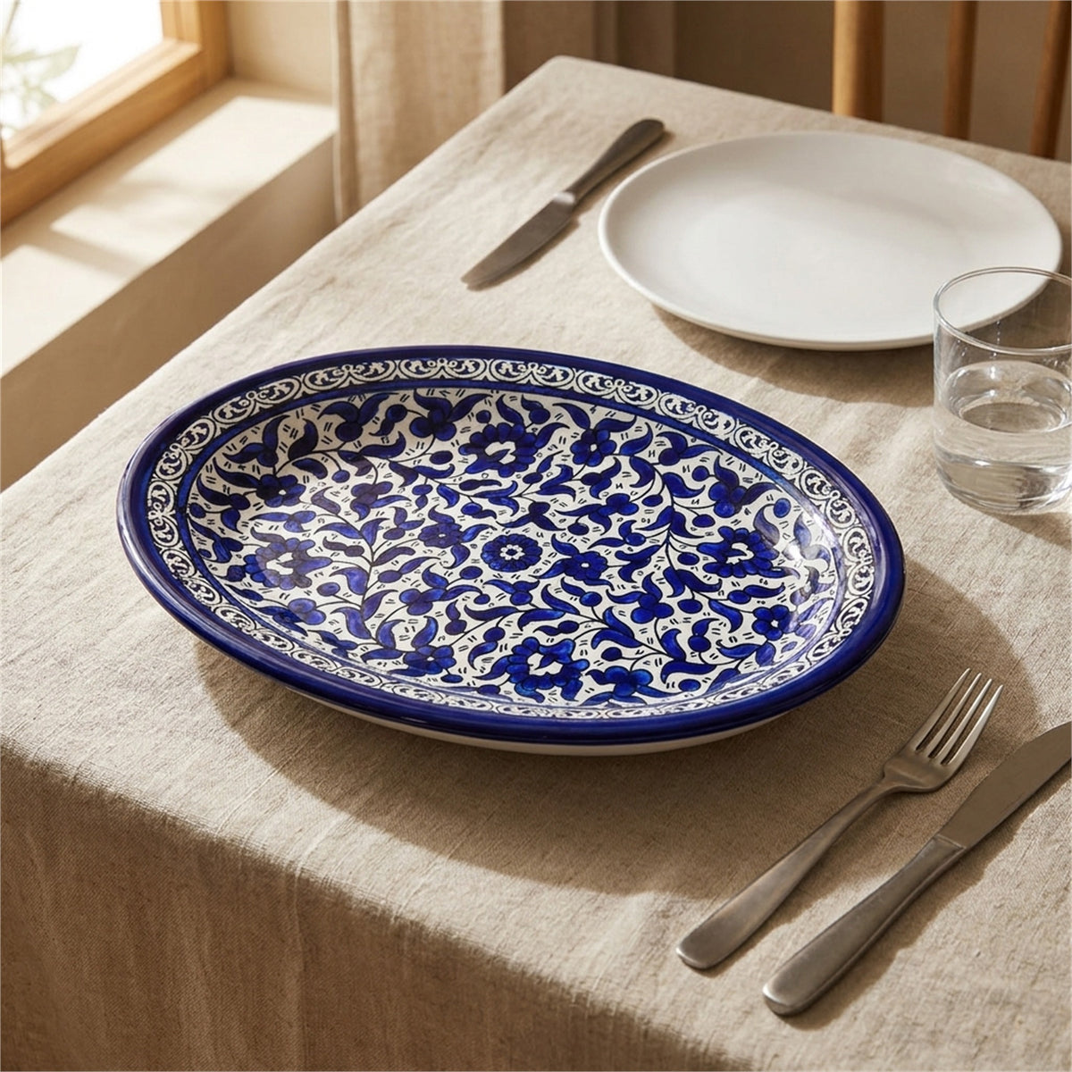 Ceramic Oval Serving Dish 11.81 Inch in Indigo, styled on a set table