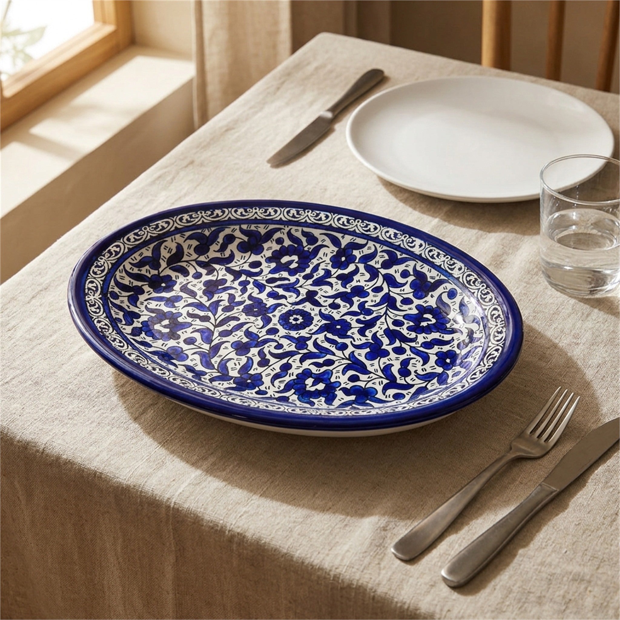 Ceramic Oval Serving Dish 11.81 Inch in Indigo, styled on a set table