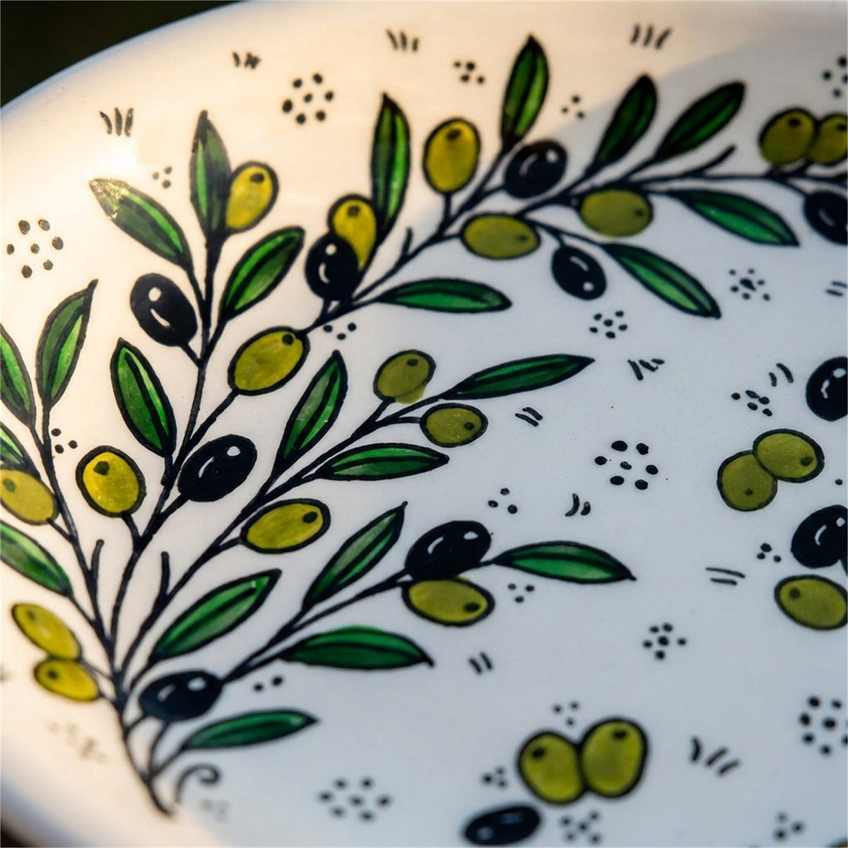 Ceramic Oval Serving Dish 11.81 Inch in Olive Green, close-up of the hand-painted detail