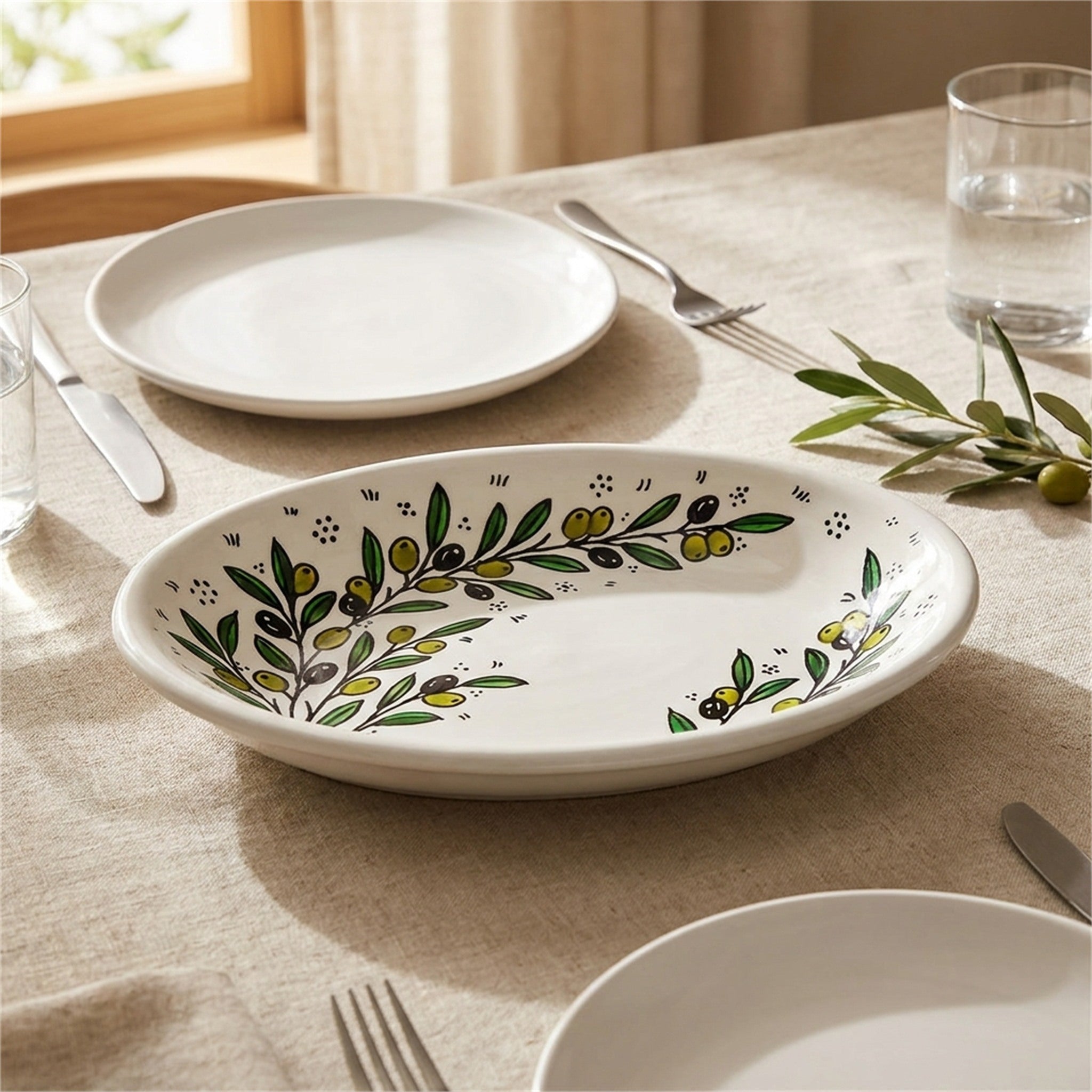 Ceramic Oval Serving Dish 11.81 Inch in Olive Green, styled on a set table