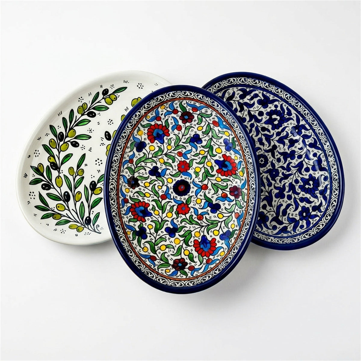 Ceramic Oval Serving Dish 11.81 Inch shown in all three hand-painted patterns