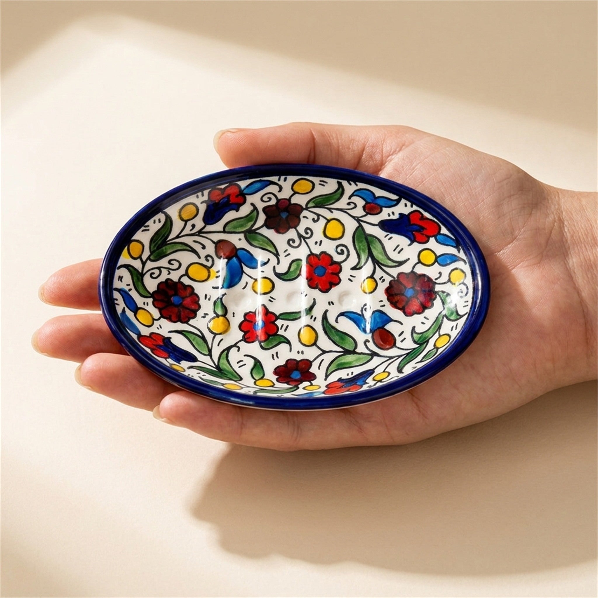 Ceramic Oval Serving Dish 5.51 Inch in Floral, held in hands to show scale