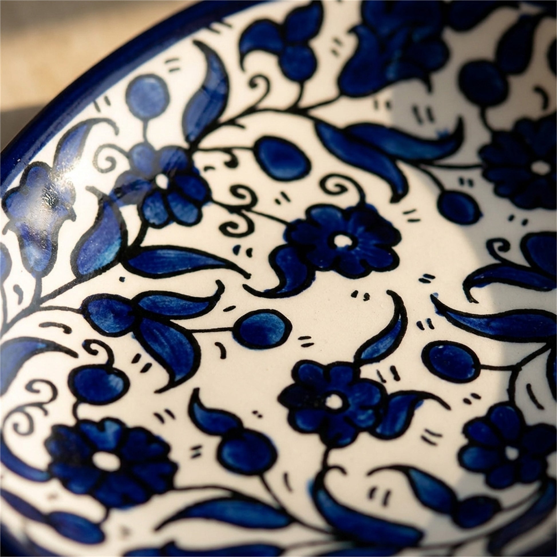 Ceramic Oval Serving Dish 5.51 Inch in Indigo, close-up of the hand-painted detail