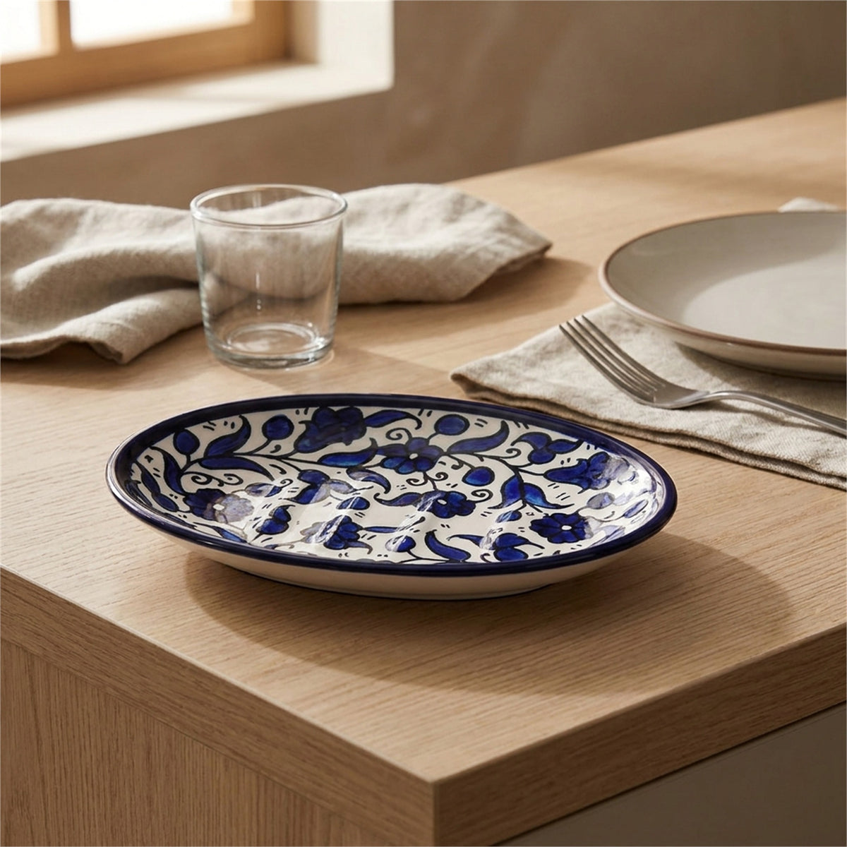 Ceramic Oval Serving Dish 5.51 Inch in Indigo, styled on a set table
