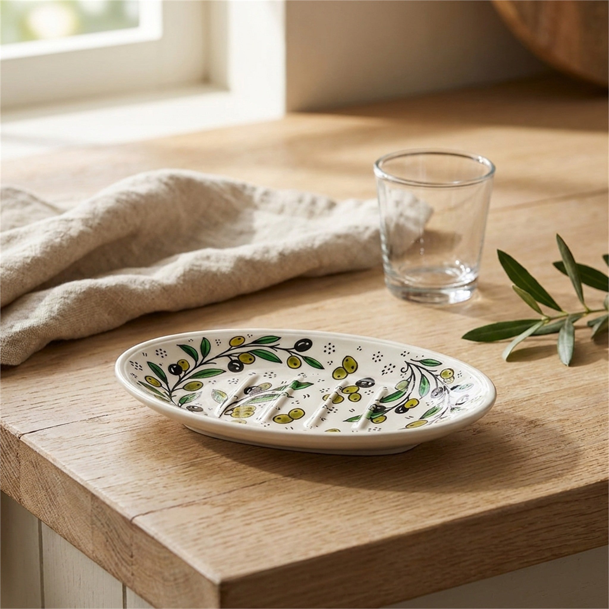 Ceramic Oval Serving Dish 5.51 Inch in Olive Green, styled on a set table