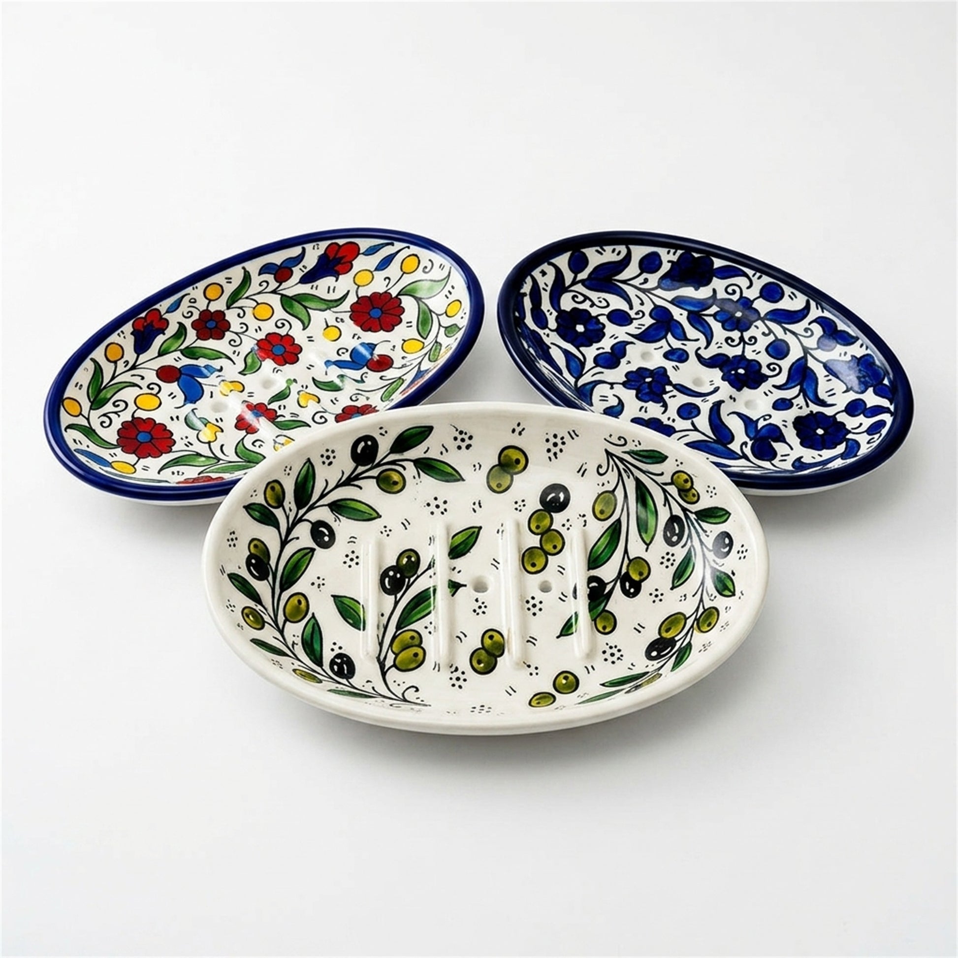 Ceramic Oval Serving Dish 5.51 Inch shown in all three hand-painted patterns
