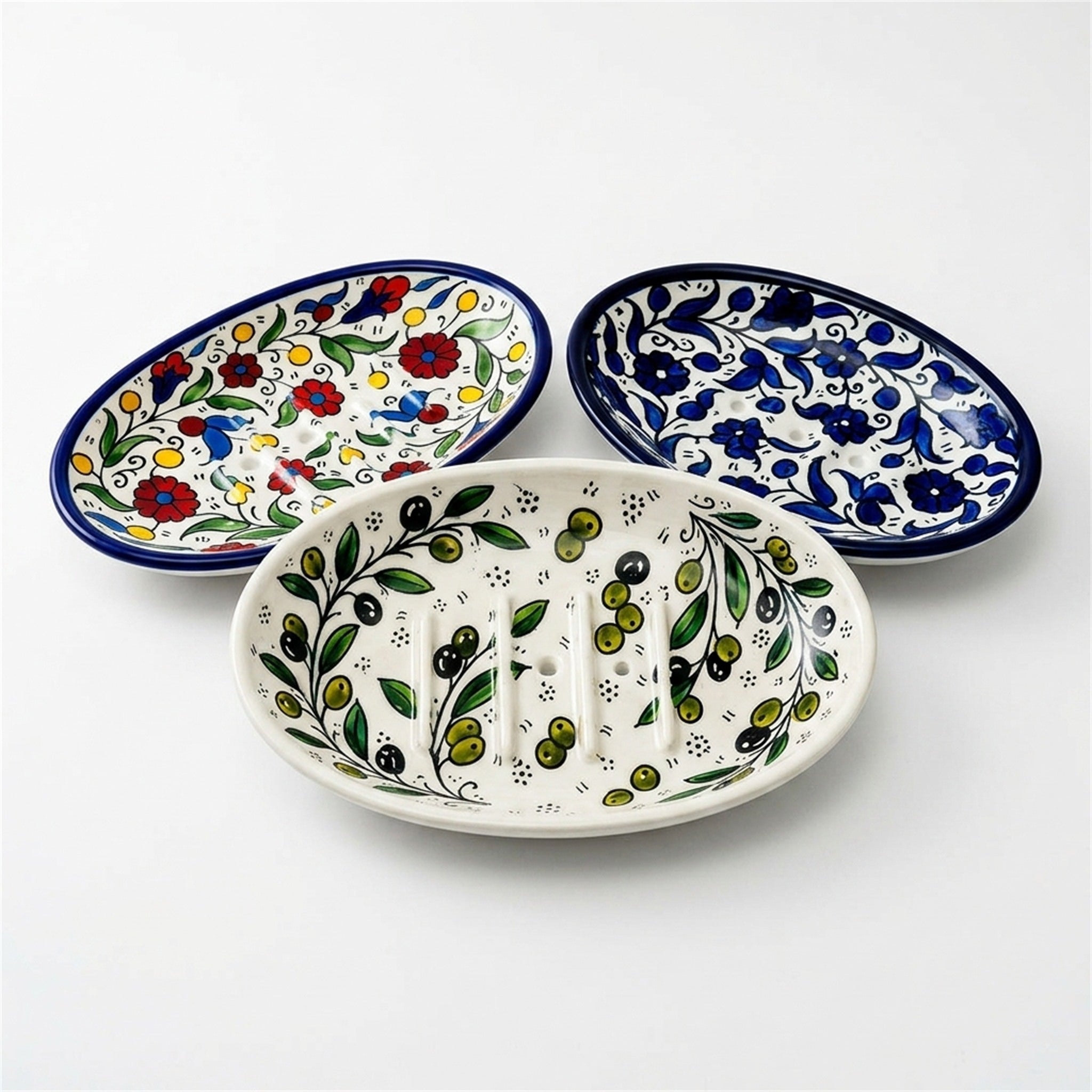 Ceramic Oval Serving Dish 5.51 Inch shown in all three hand-painted patterns