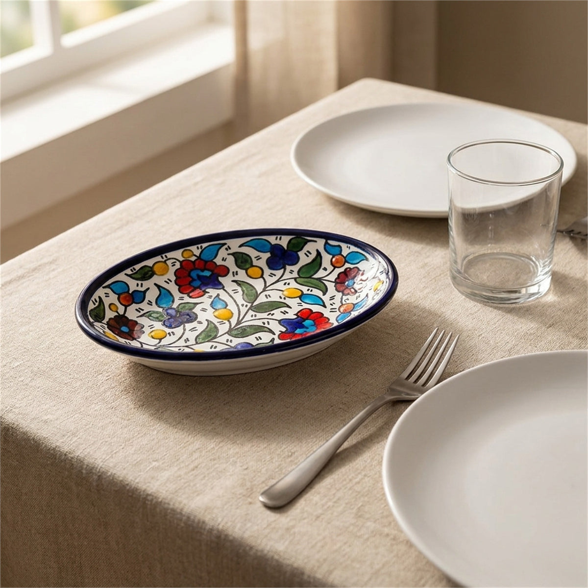 Ceramic Oval Serving Dish 6.69 Inch in Floral, styled on a set table