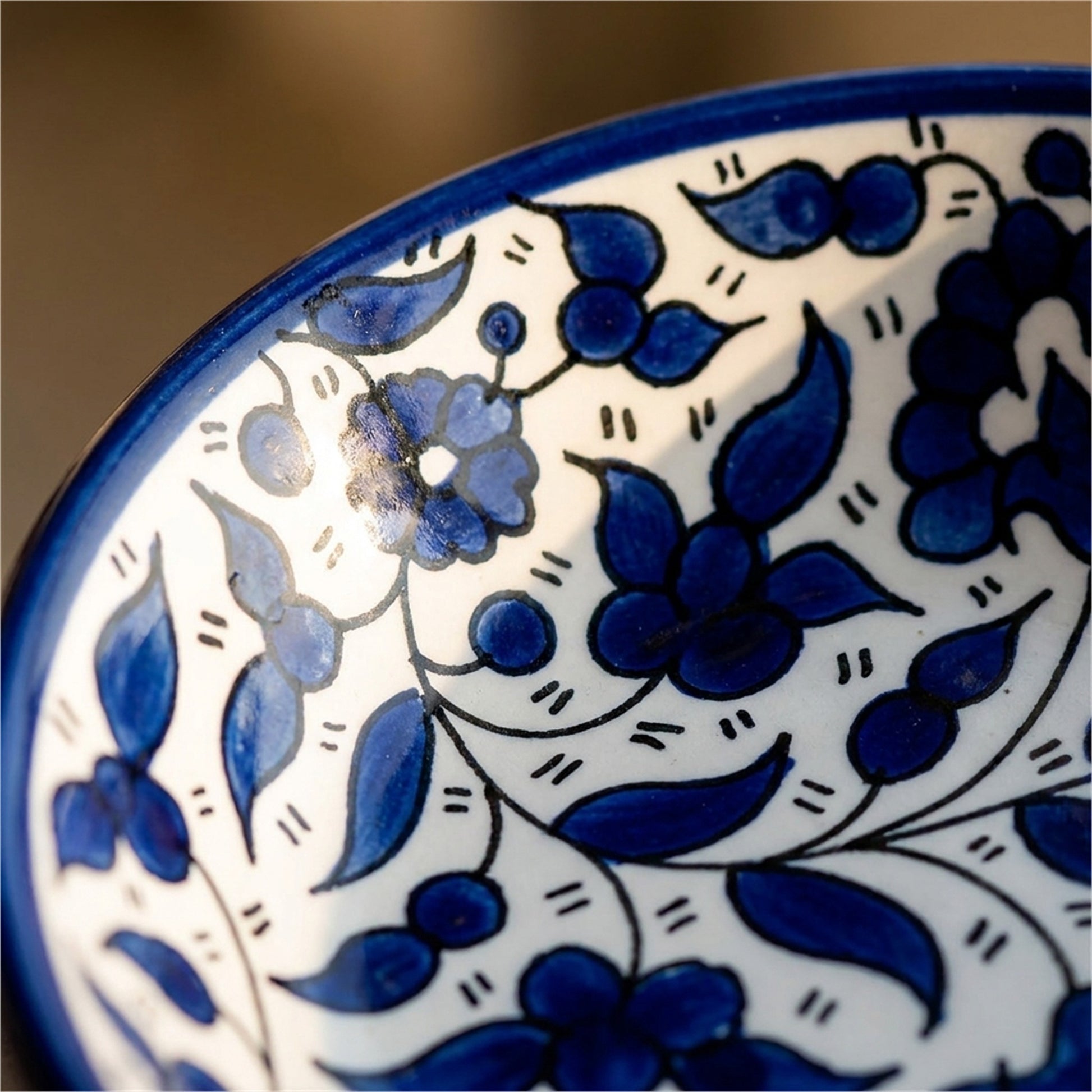 Ceramic Oval Serving Dish 6.69 Inch in Indigo, close-up of the hand-painted detail