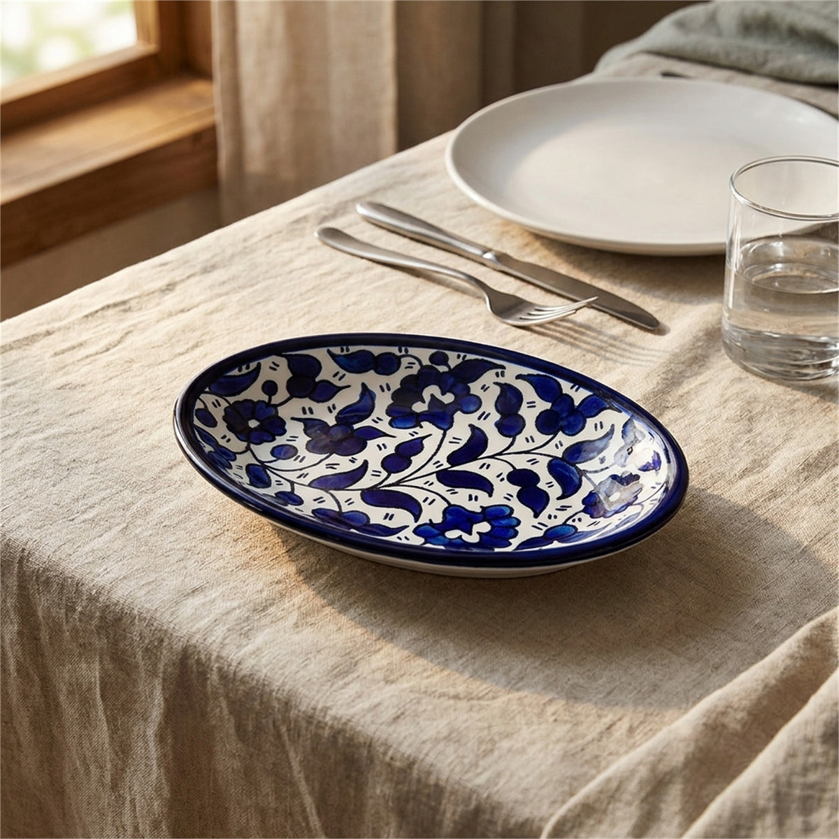 Ceramic Oval Serving Dish 6.69 Inch in Indigo, styled on a set table
